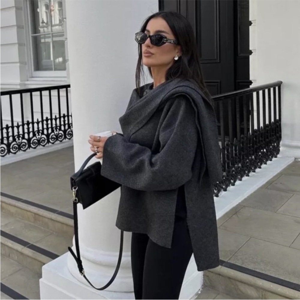 ZARA CROP KNIT COAT WITH ASYMMETRICAL SCARF - WOOL JACKET -SHORT CAPE COAT